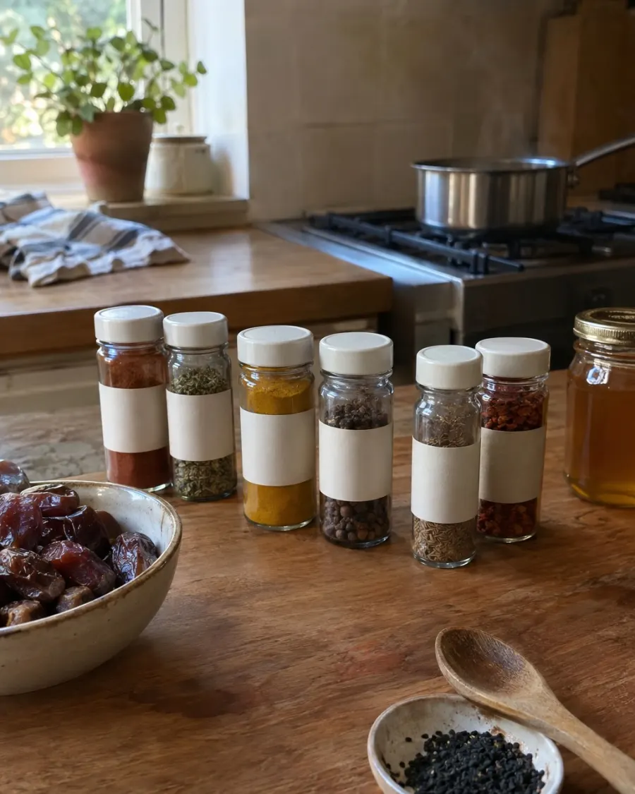 The six-jar spice shelf